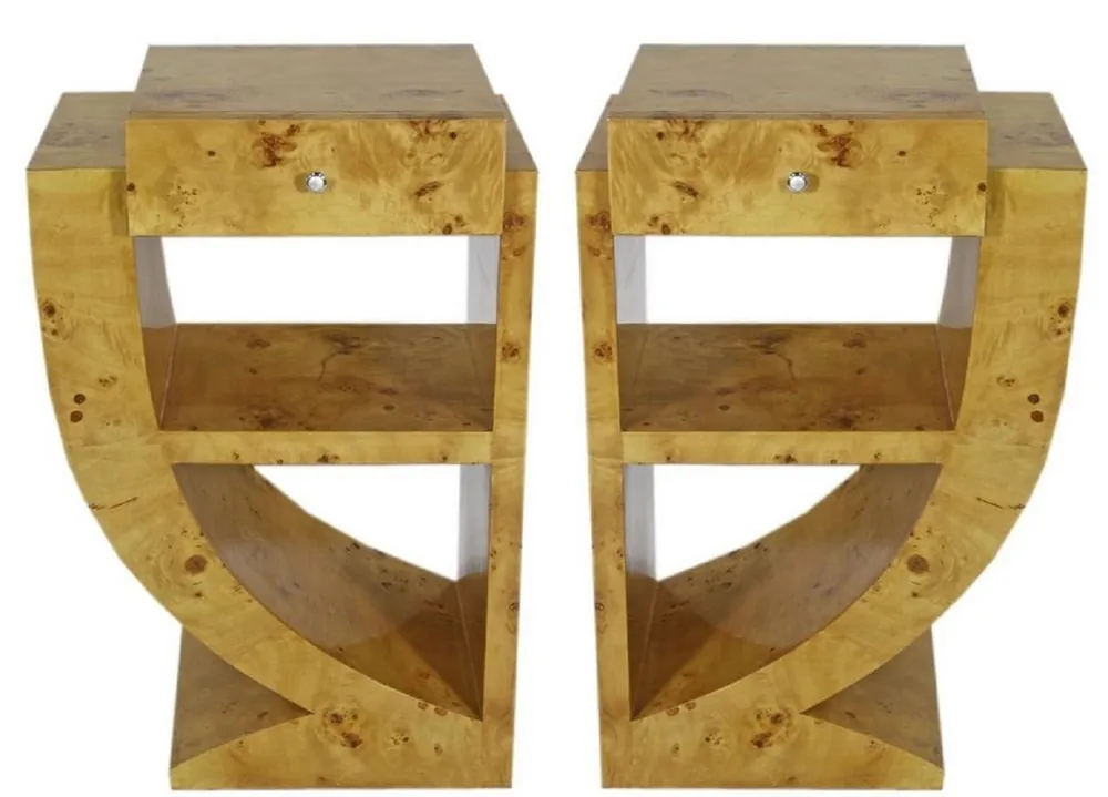 Casa Padrino Conjunto de Mesa Auxiliar Art Déco Marrón Claro 50 x 40 x H. 75 cm - Mesas Auxiliares de Madera Burl con Cajón - Mesitas de Noche - Calidad de Lujo Heißes Angebot