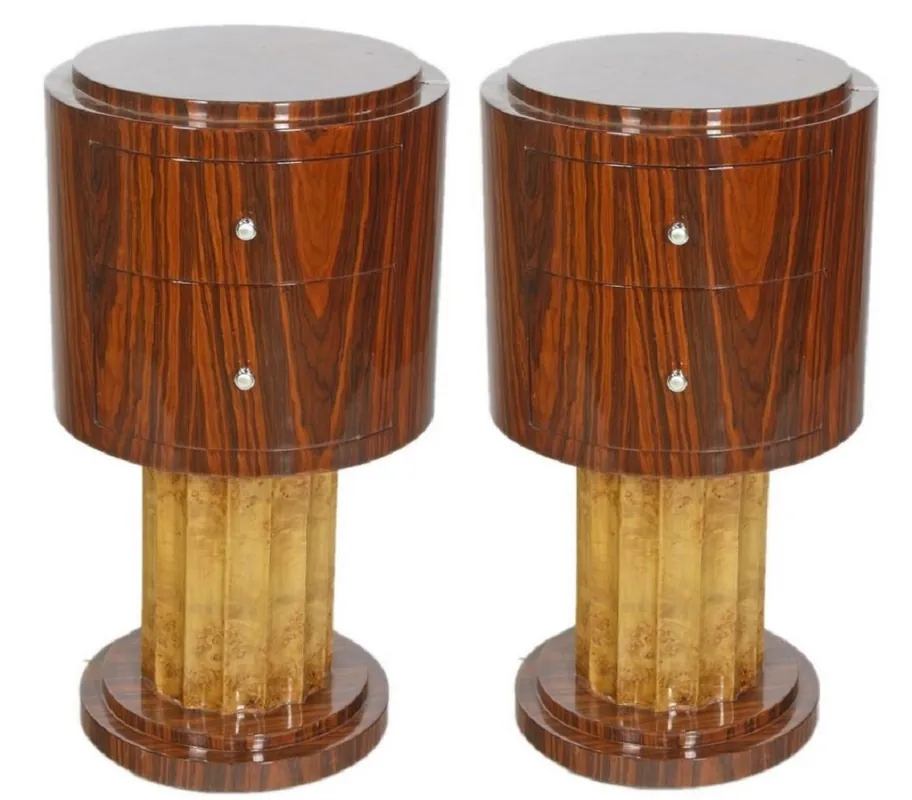 Neu Im Sortiment Casa Padrino Conjunto de Mesa Auxiliar Art Déco Marrón / Marrón Claro Ø 40 x H. 75 cm - Mesas Auxiliares de Caoba y Madera de Raíz Redonda con 2 Cajones - Calidad de Lujo