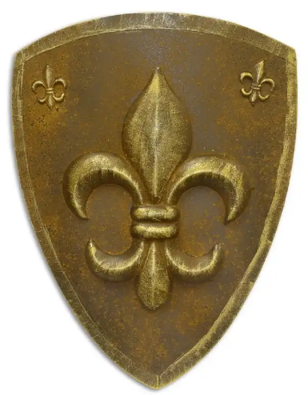 Casa Padrino escudo de caballero de hierro con lirio francés decorativo oro antiguo / óxido 54 x H. 71 cm - Decoración Medieval - Decoración de Paredes Echt