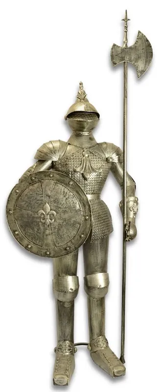 Casa Padrino armadura caballero de hierro con escudo y lanza plata antigua H. 242 cm - Decoración Medieval Highlight