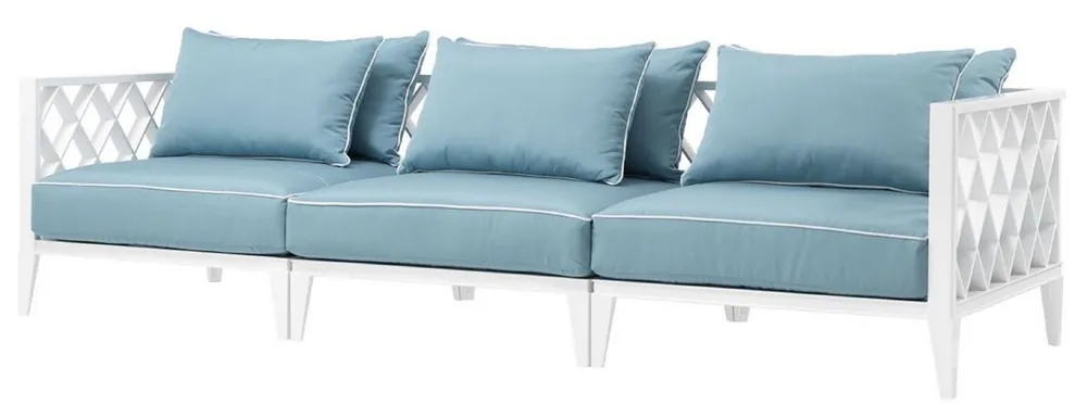 Schneller Versand Casa Padrino sofá de sala de estar de lujo con cojines blanco / azul claro 275,5 x 93 x H. 69 cm - Muebles de Sala