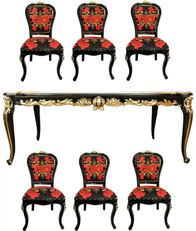 Pompöös by Casa Padrino Conjunto de Comedor Barroco de Lujo - Pompöös Mesa de Comedor Barroco con Tapa de Cristal y 6 Sillas Diseñadas por Harald Glööckler - Muebles de Comedor Barroco Neue Kollektion