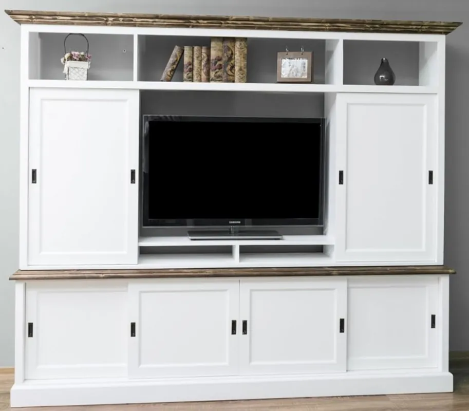Casa Padrino gabinete televisión de estilo campestre con 6 puertas correderas blanco / marrón 254 x 46 x A. 210 cm - Gabinete TV de Madera Maciza - Gabinete de Salón - Muebles de Salón de Estilo Campestre Preisknaller