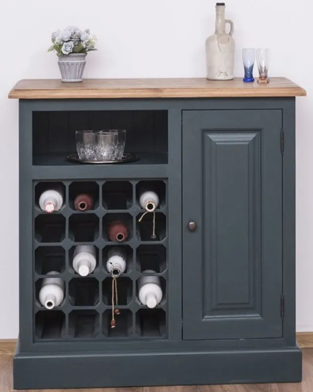 Nur Heute Casa Padrino armario de vino de estilo campestre con puerta gris azul / natural 90 x 41 x H. 90 cm - Muebles de Estilo Campestre