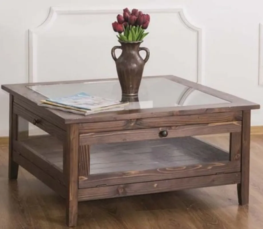 Heißes Angebot Casa Padrino mesa de centro de estilo campestre con sobre de vidrio marrón 90 x 90 x A. 45 cm - Mesa de la Sala de Madera Maciza - Muebles de Sala en Estilo Campestre