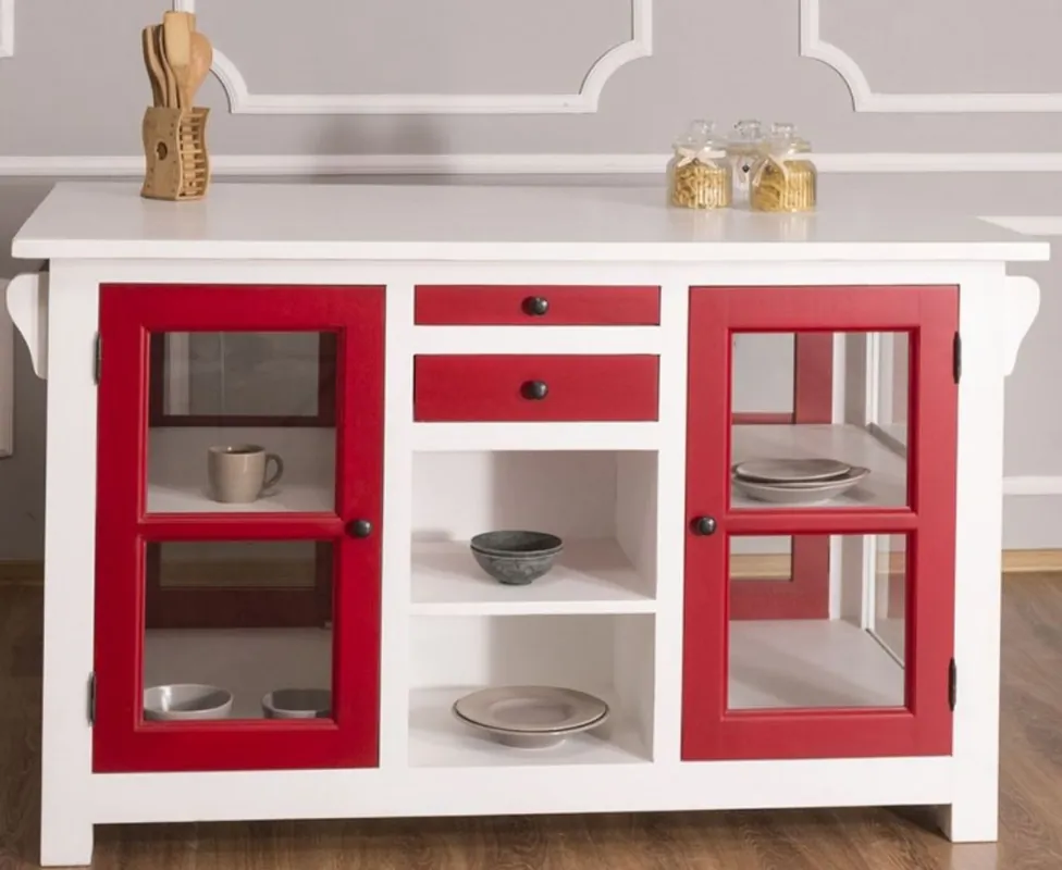 Neuheit Casa Padrino isla de cocina de estilo campestre blanco / rojo 150 x 90 x A. 90 cm - Gabinete de cocina de madera maciza con 4 puertas de vidrio y 4 cajones - Muebles de Cocina de Estilo Campestre