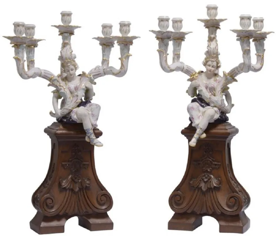 Sichere Zahlung Casa Padrino conjunto de candelabros Art Nouveau blanco / marrón 35 x 26,6 x A. 68,7 cm - Candelabros de Porcelana con Figura Decorativa y Base de Madera