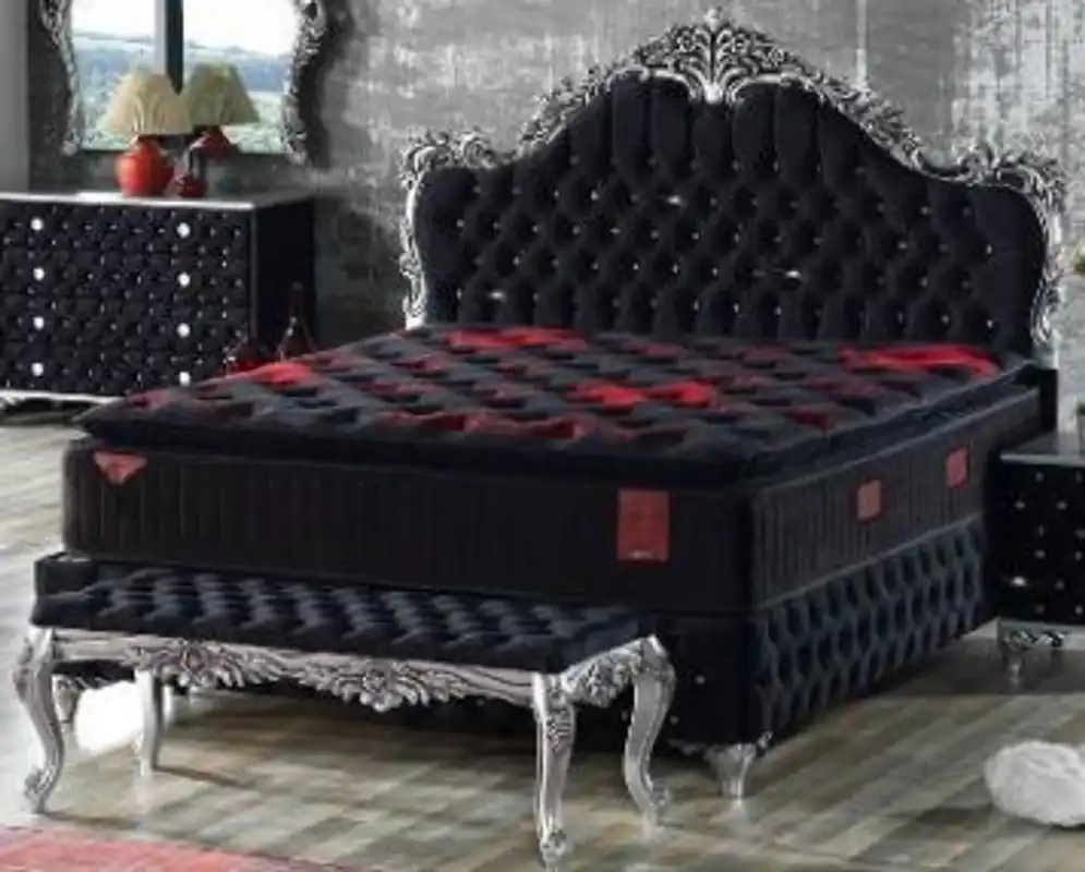 Sonderaktion Casa Padrino cama doble barroca negro / plata - Cama de terciopelo adornada con pedrería y colchón - Conjunto Completo
