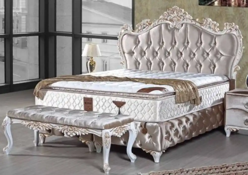 Casa Padrino cama doble barroca plata / blanco / oro - Cama de terciopelo adornada con pedrería y colchón - Muebles de Dormitorio en Estilo Barroco Preiswert
