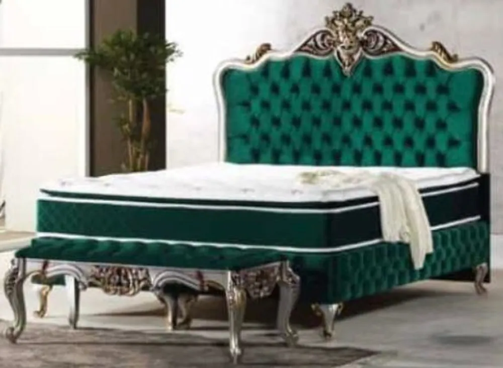 Wochenendangebot Casa Padrino cama doble barroco verde / plata / oro antiguo - Cama adornada con colchón - Muebles Barrocos
