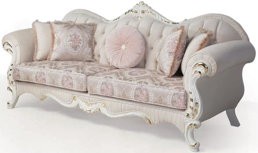 Casa Padrino sofá barroco de lujo rosa / blanco / oro 237 x 90 x A. 99 cm - Sofá de la sala con almohadas decorativas - Muebles Barrocos Nur Heute