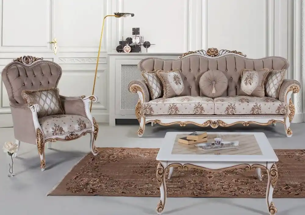 Bestpreis Casa Padrino conjunto de sala de estar barroco de lujo gris / multicolor / blanco / bronce - 2 Sofás y 2 Sillones y 1 Mesa de Centro - Muebles de sala en estilo barroco - Noble y Adornado