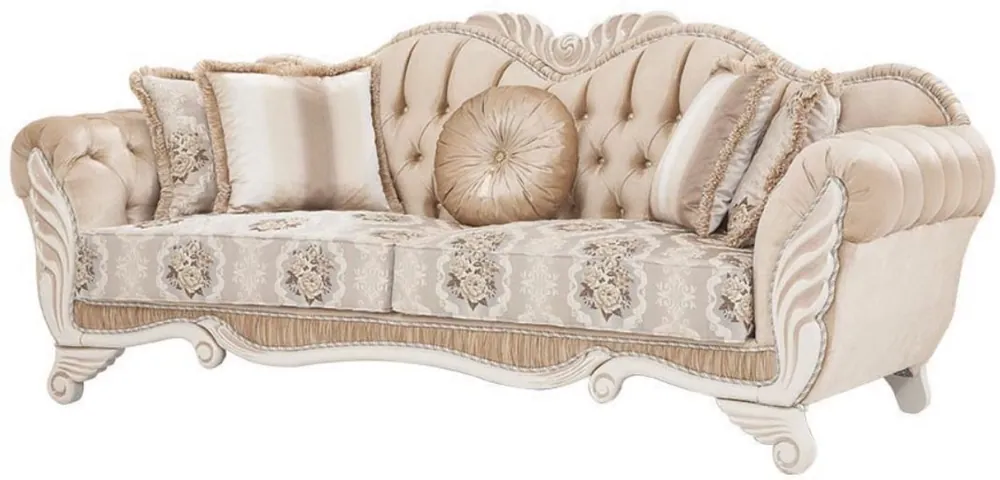 Direktkauf Casa Padrino sofá barroco de lujo beige / blanco 230 x 88 x A. 96 cm - Sofá de salón con diseño floral y almohadas decorativas - Muebles Barrocos