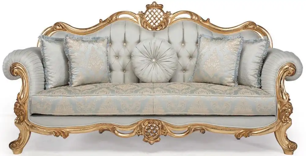 Bestseller Casa Padrino sofá de salón barroco de lujo con almohadas decorativas azul claro / turquesa / oro 222 x 82 x A. 120 cm - Muebles de Salón Barrocos