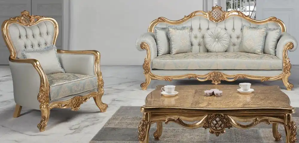 Casa Padrino conjunto de sala de estar barroco de lujo azul claro / turquesa / oro - 2 Sofás y 2 Sillones y 1 Mesa de Centro - Muebles de sala en estilo barroco - Noble y Adornado Preisreduziert