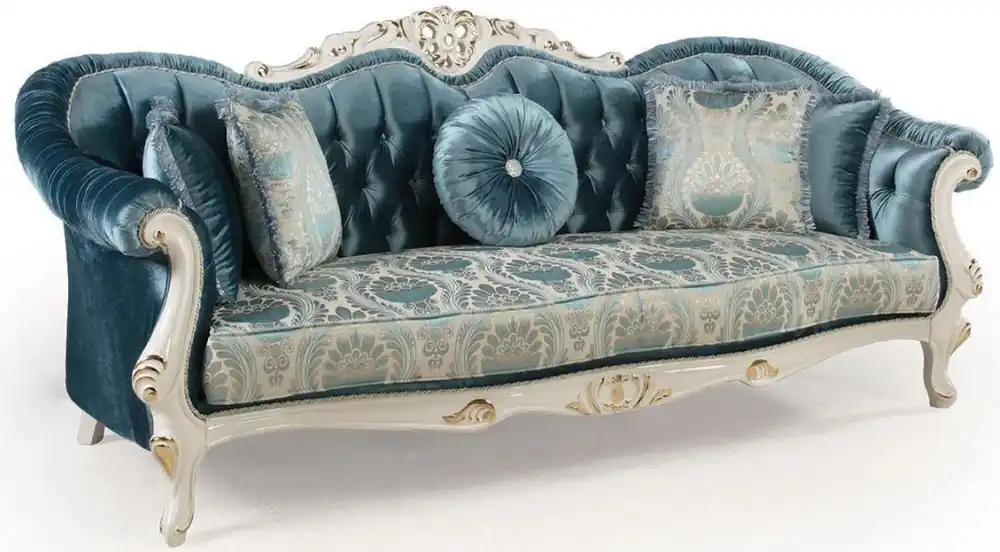 Rabatt Casa Padrino sofá de salón barroco de lujo con cojines azul / blanco / oro 240 x 87 x A. 99 cm - Muebles Barrocos - Noble y Adornado