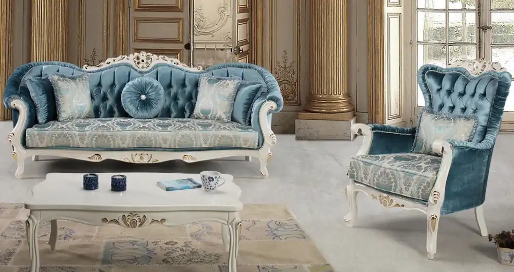 Top-Preis Casa Padrino conjunto de sala de estar barroco de lujo azul / blanco / oro - 2 Sofás y 2 Sillones y 1 Mesa de Centro - Muebles de Sala Adornado en Estilo Barroco