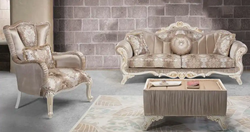 Heißes Angebot Casa Padrino conjunto de sala de estar barroco de lujo beige / blanco / oro - 2 Sofás y 2 Sillones y 1 Mesa Auxiliar - Muebles de Sala Adornado en Estilo Barroco