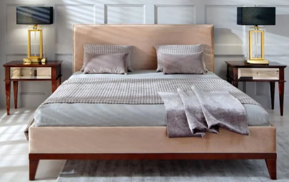 Casa Padrino Cama Doble Art Deco de Lujo Beige / Marrón 168 x 215 x A. 101 cm - Cama de Madera Maciza - Muebles de Dormitorio Art Deco Sichere Zahlung