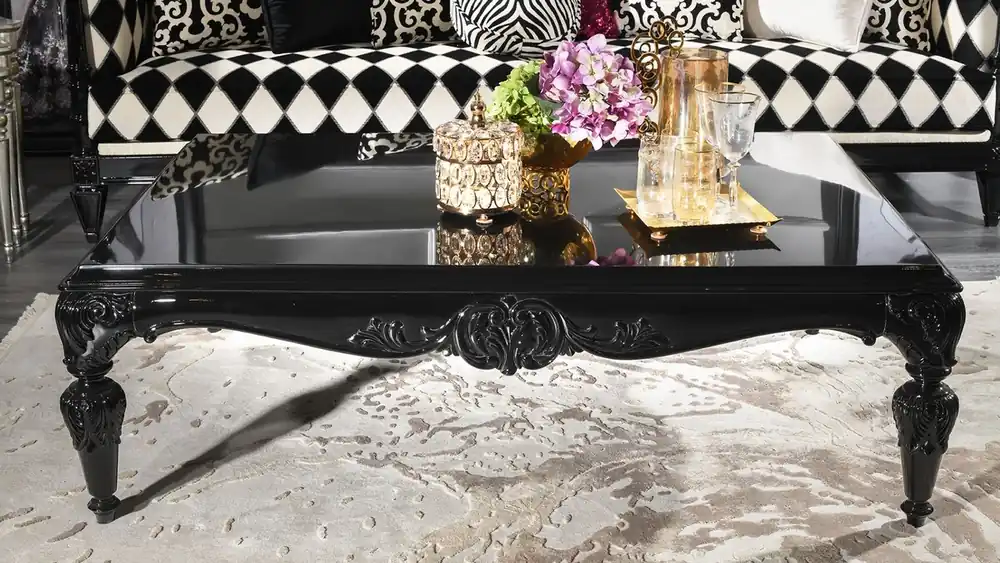 Preiswert Casa Padrino mesa de centro barroco de lujo negro 144 x 98 x A. 46 cm - Mesa de salón de estilo barroco con tapa de vidrio - Muebles Barrocos