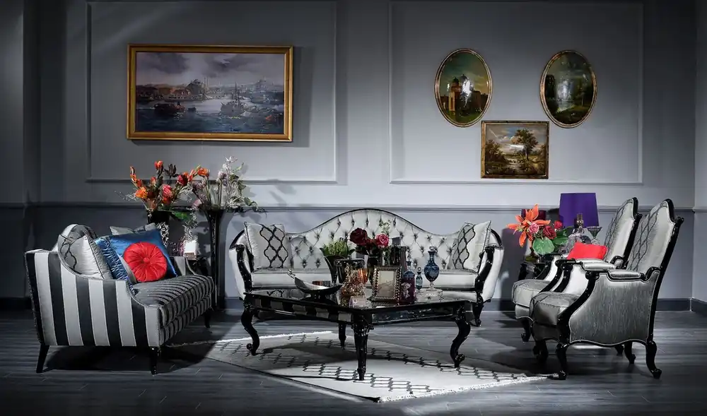 Casa Padrino conjunto de sala de estar barroco de lujo plata / negro - 2 Sofás y 2 Sillones y 1 Mesa de Centro y 2 Mesas Auxiliares - Muebles de sala en estilo barroco - Noble y Adornado Beliebt