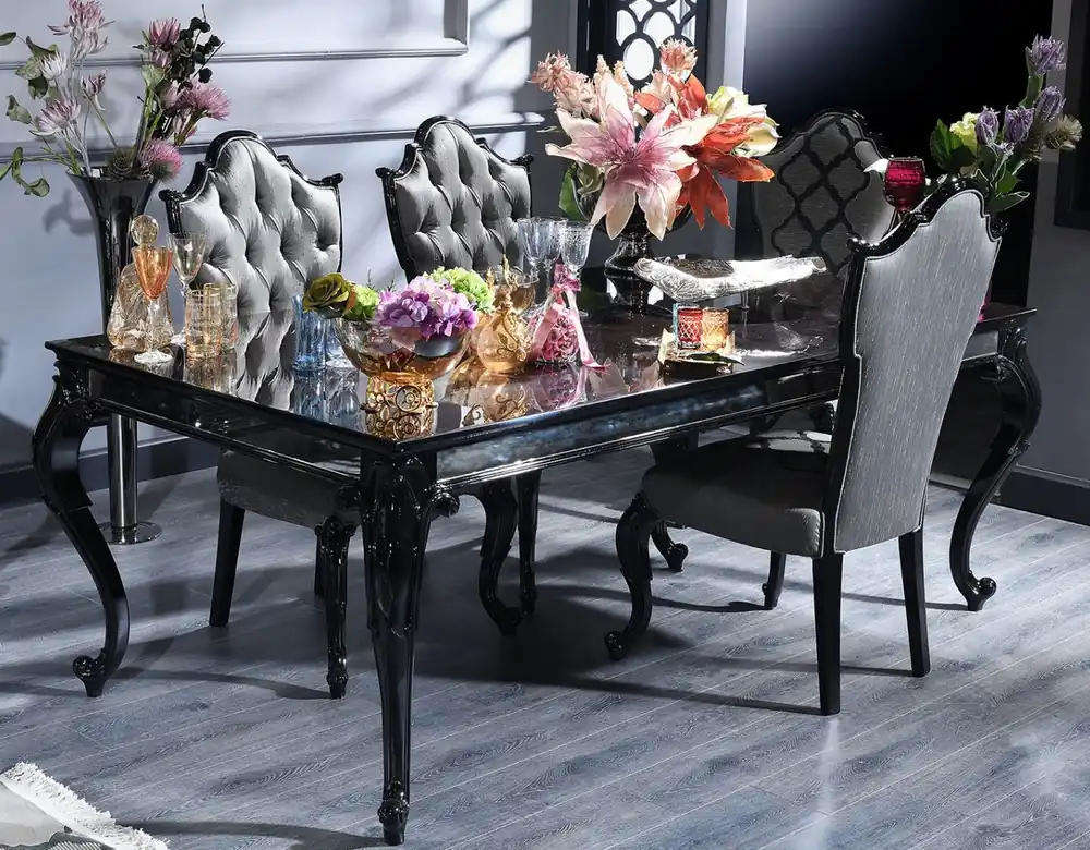 Casa Padrino conjunto de comedor barroco de lujo plata / gris / negro - 1 Mesa de Comedor y 6 Sillas de Comedor - Muebles de comedor en estilo barroco - Calidad de Lujo - Hecho en Italia Letzte Chance