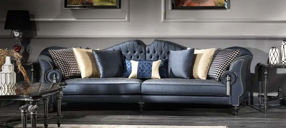 Begrenztes Angebot Casa Padrino sofá de salón barroco de lujo azul / plata / negro 300 x 94 x A. 88 cm - Noble y Magnífico