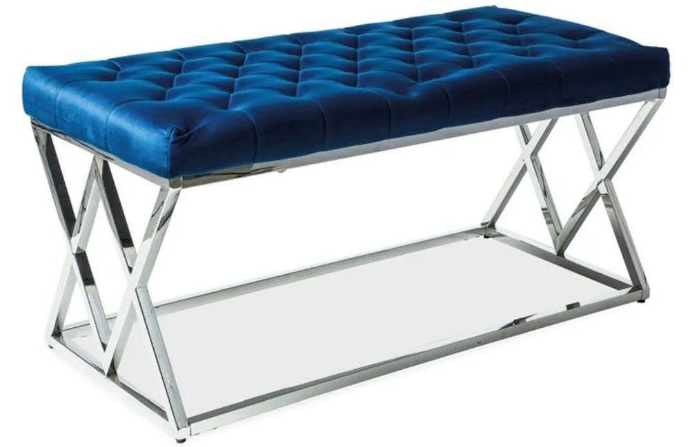 Casa Padrino banco de lujo azul marino / plata 100 x 48 x A. 46 cm - Banco tapizado de terciopelo con estructura de acero inoxidable cromado - Muebles de Sala Markenprodukt