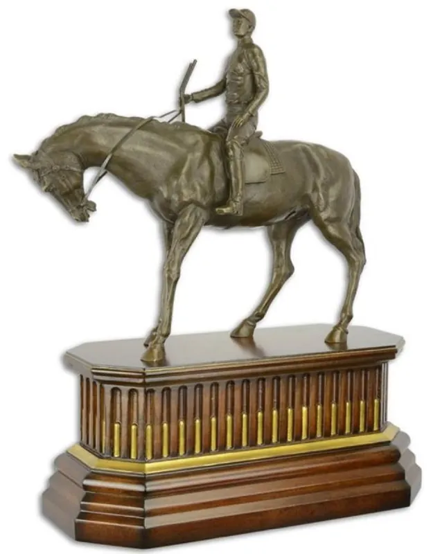 Casa Padrino escultura de bronce de lujo jockey con caballo sobre base de madera bronce / marrón / oro 44 x 19,8 x A. 52,4 cm - Figura de Bronce - Figura Decorativa - Accesorios Decorativos Direktkauf