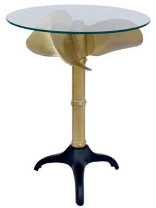 Casa Padrino mesa auxiliar de hélice de diseño oro / negro Ø 57 x A. 73 cm - Mesa redonda de hélice de barco con placa de vidrio - Muebles de Salón Preisreduziert
