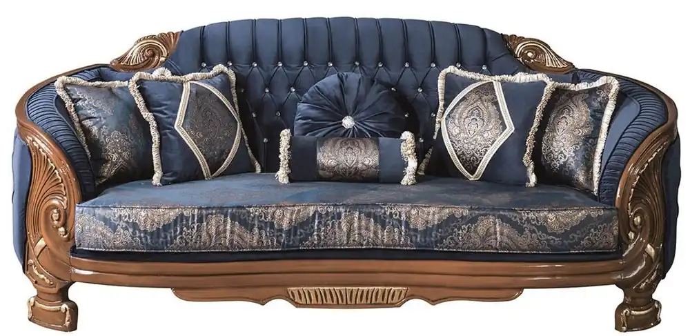 Sonderaktion Casa Padrino sofá de salón barroco de lujo con pedrería y almohadas decorativas azul / marrón 240 x 90 x A. 105 cm - Noble y Adornado