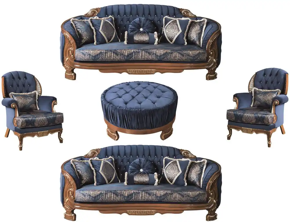 Markenprodukt Casa Padrino conjunto de sala de estar barroco de lujo azul / marrón - 2 Sofás y 2 Sillones y 1 Mesa de Centro - Muebles de Salón Adornado en Estilo Barroco