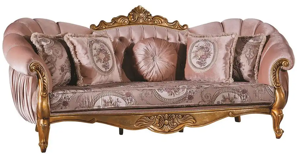 Casa Padrino sofá barroco de lujo rosa / oro 220 x 90 x A. 110 cm - Sofá de Salón Adornado con Pedrería y Almohadas Decorativas Expressversand