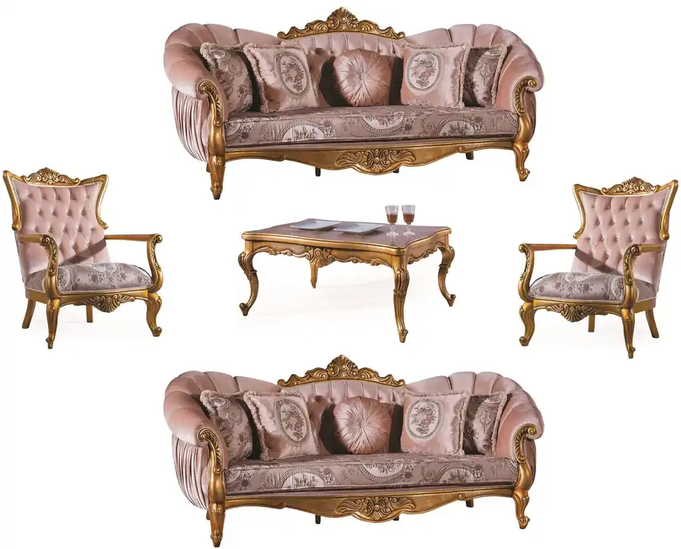 Casa Padrino conjunto de sala de estar barroco de lujo rosa / oro - 2 Sofás y 2 Sillones y 1 Mesa de Centro - Muebles de Sala - Noble y Adornado Direktkauf