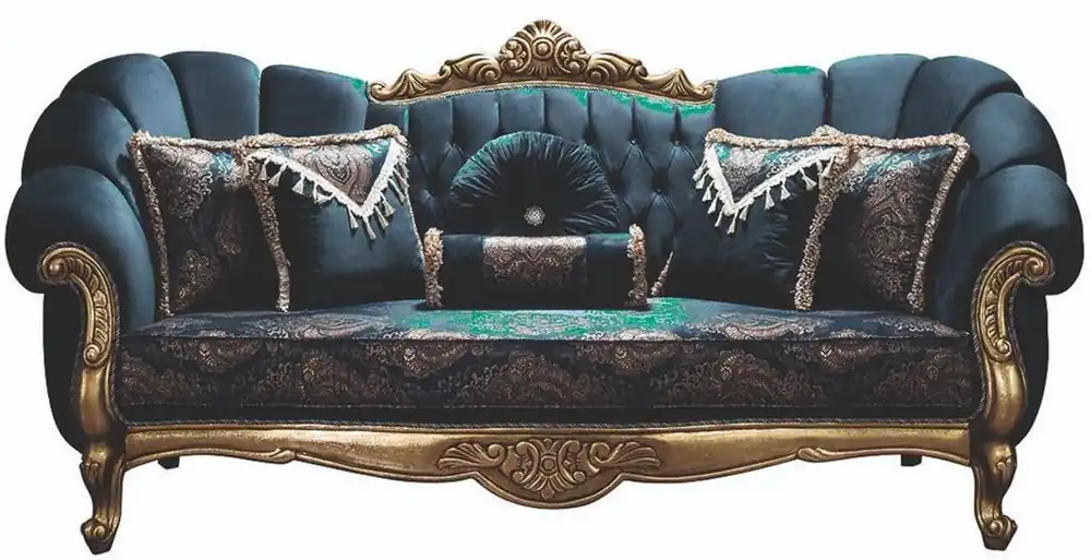 Casa Padrino sofá barroco de lujo azul / oro 220 x 90 x A. 110 cm - Sofá de Salón Adornado con Pedrería y Almohadas Decorativas Beliebt