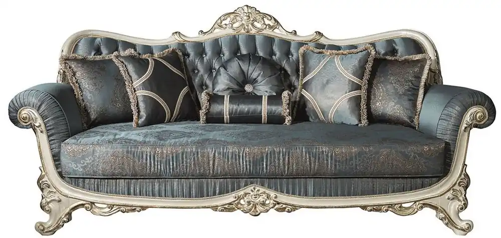 Sichere Zahlung Casa Padrino sofá de salón barroco de lujo con pedrería y almohadas decorativas azul / crema / oro 240 x 95 x A. 105 cm - Sofá Noble de Estilo Barroco
