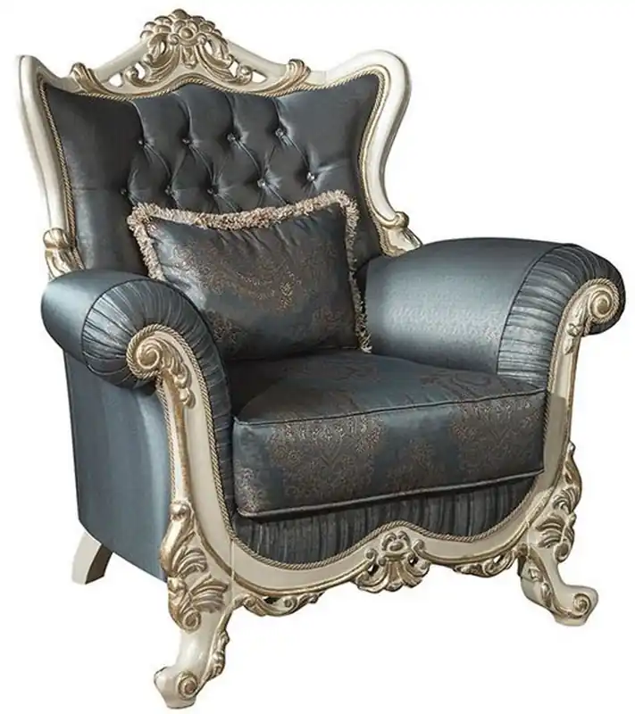 Solange Der Vorrat Reicht Casa Padrino sillón de salón barroco de lujo con pedrería y almohada decorativa azul / crema / oro 110 x 85 x A. 112 cm - Muebles de Estilo Barroco