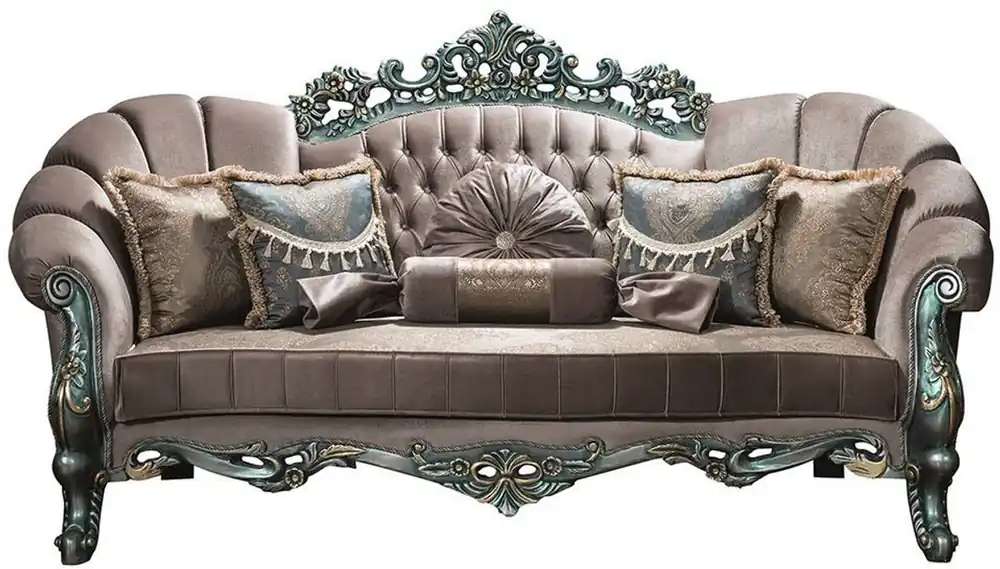 Neue Ware Casa Padrino sofá de terciopelo barroco de lujo gris / verde / oro 225 x 95 x A. 115 cm - Sofá de salón adornado con pedrería y almohadas decorativas