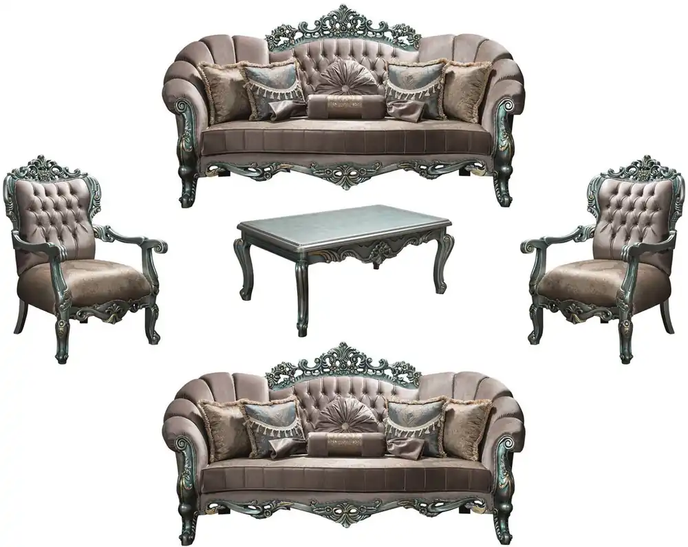 Highlight Casa Padrino conjunto de sala de estar barroco de lujo gris / verde / oro - 2 Sofás y 2 Sillones y 1 Mesa de Centro - Muebles de sala en estilo barroco - Noble y Adornado