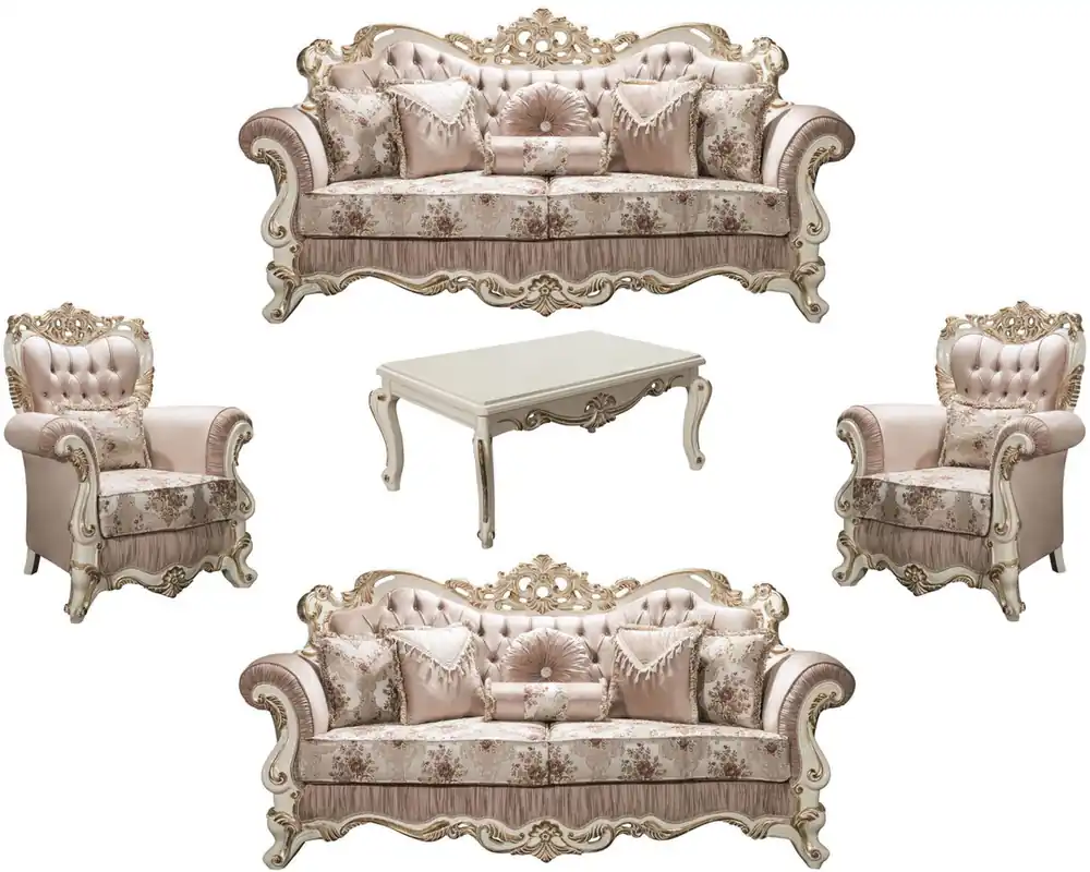 Casa Padrino conjunto de sala de estar barroco de lujo rosa / blanco / oro - 2 Sofás y 2 Sillones y 1 Mesa de Centro - Muebles Adornado en Estilo Barroco Letzte Chance