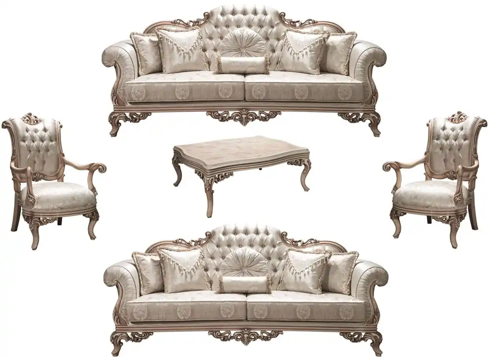 Letzte Chance Casa Padrino conjunto de sala de estar barroco de lujo plata / crema / beige - 2 Sofás y 2 Sillones y 1 Mesa de Centro - Muebles de Sala Adornado en Estilo Barroco