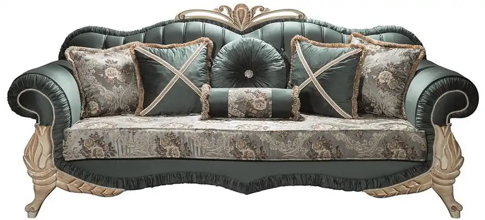 Schneller Versand Casa Padrino sofá de salón barroco de lujo con pedrería y almohadas decorativas verde / crema / beige 220 x 85 x A. 100 cm - Muebles de Estilo Barroco