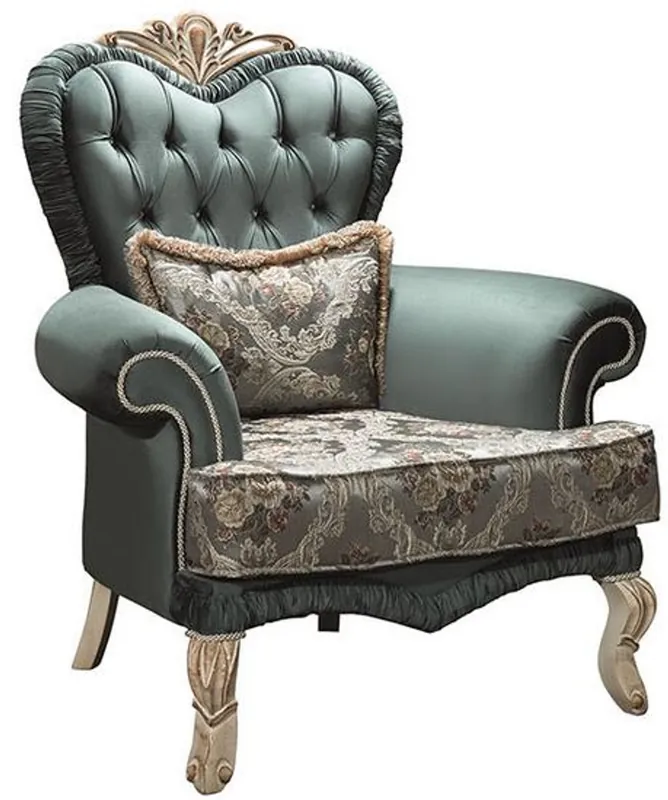 Casa Padrino sillón de salón barroco de lujo con pedrería y almohada decorativa verde / crema / beige 100 x 80 x A. 110 cm - Muebles de Estilo Barroco Neu
