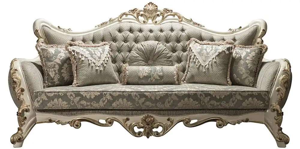 Neu Casa Padrino sofá de salón barroco de lujo gris / blanco / oro 235 x 95 x A. 120 cm - Sofá adornado con pedrería y almohadas decorativas - Muebles Barrocos Nobles