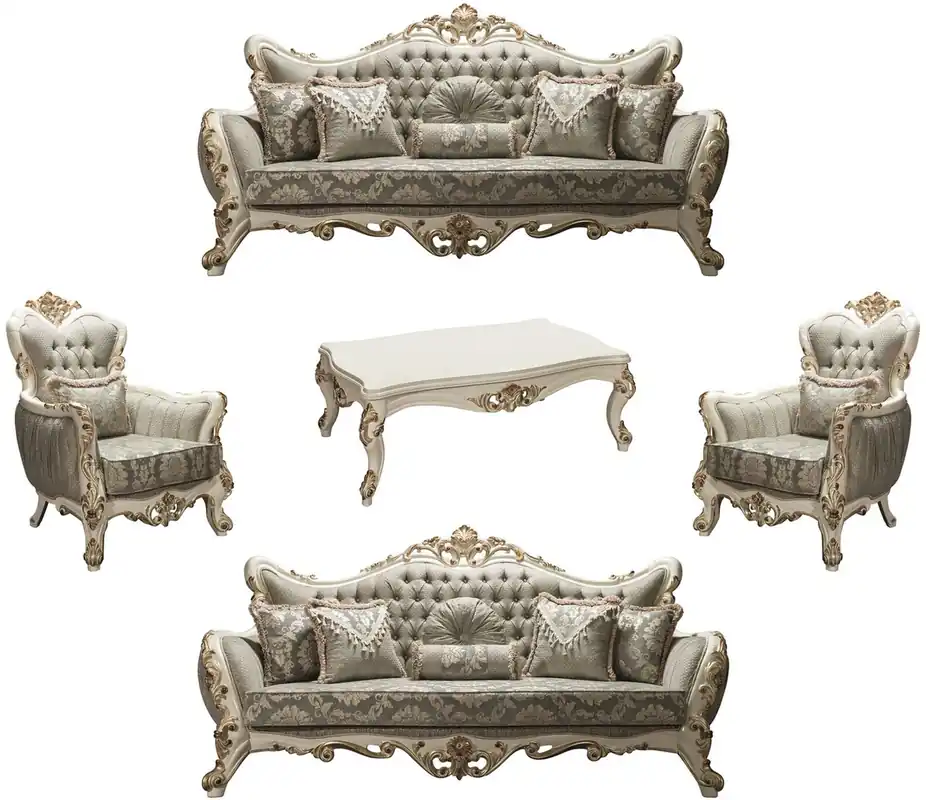 Abverkauf Casa Padrino conjunto de sala de estar barroco de lujo gris / blanco / oro - 2 Sofás y 2 Sillones y 1 Mesa de Centro - Muebles de Estilo Barroco - Noble y Magnífico