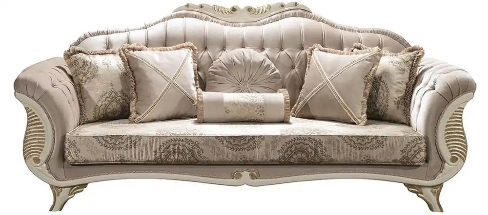 Bestseller Casa Padrino sofá de salón barroco de lujo con pedrería y almohadas decorativas gris / crema / oro 220 x 80 x A. 100 cm - Muebles Nobles de Estilo Barroco