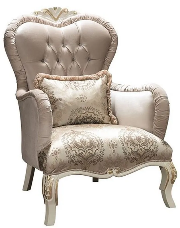 Casa Padrino sillón de salón barroco de lujo con pedrería y almohada decorativa gris / crema / oro 90 x 85 x A. 110 cm - Muebles Nobles de Estilo Barroco Neue Ware