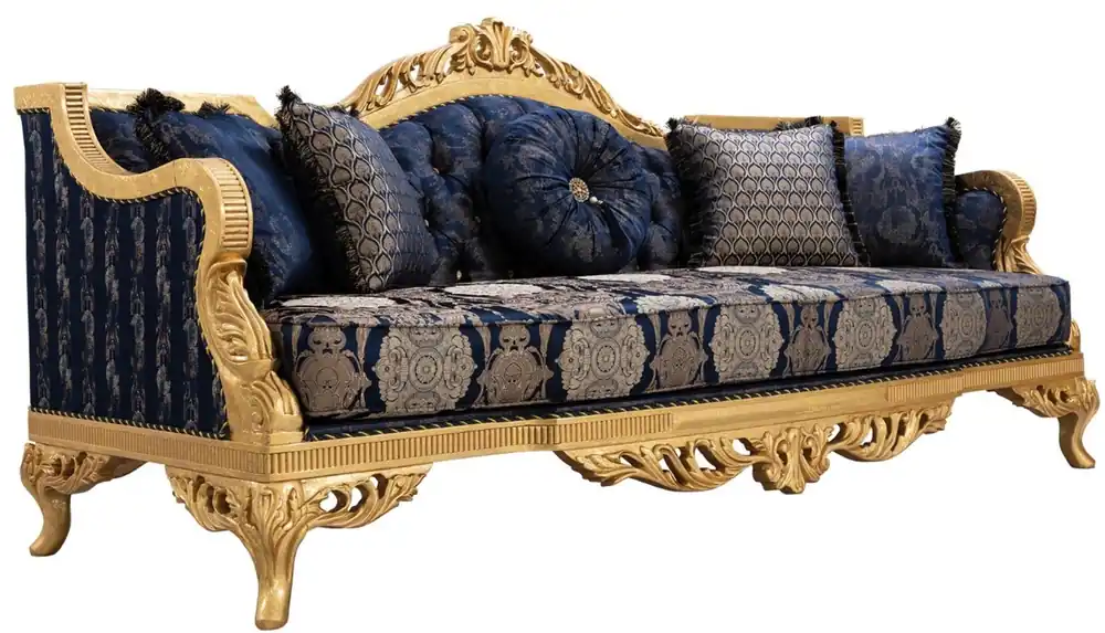 Wochenendangebot Casa Padrino sofá barroco de lujo con pedrería y cojines decorativos azul oscuro / oro 228 x 93 x A. 108 cm - Muebles de Salón Barrocos