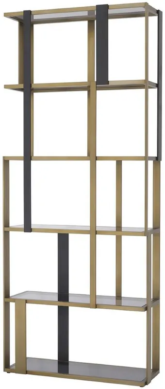 Casa Padrino armario estante de lujo latón / negro mate / gris 100 x 37 x A. 240,5 cm - Armario de acero inoxidable con 5 estantes de vidrio - Gabinete de sala de estar - Gabinete de oficina - Muebles de Lujo Markenware