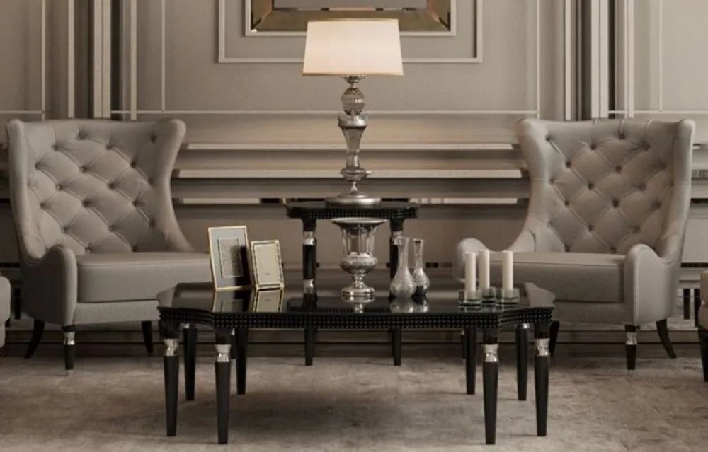 Wochenendangebot Casa Padrino Mesa de Centro Art Deco de Lujo Negro / Plata 130 x 130 x A. 45 cm - Mesa de Sala Art Deco - Muebles de Sala Art Deco - Calidad de Lujo
